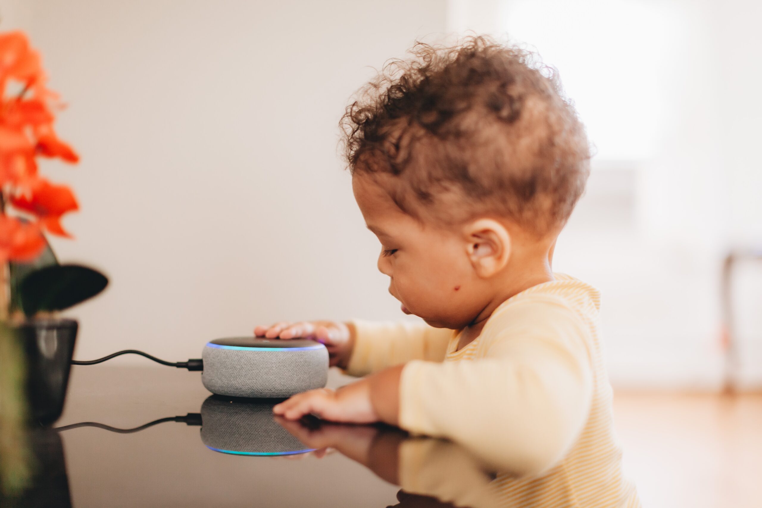 Toddler interacts with smart home device.
